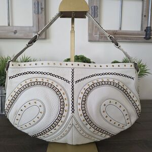 Cole Haan Ivory Leather Studded Hobo Bag-Boho Whipstitch Gold Grommets Y2K- EUC